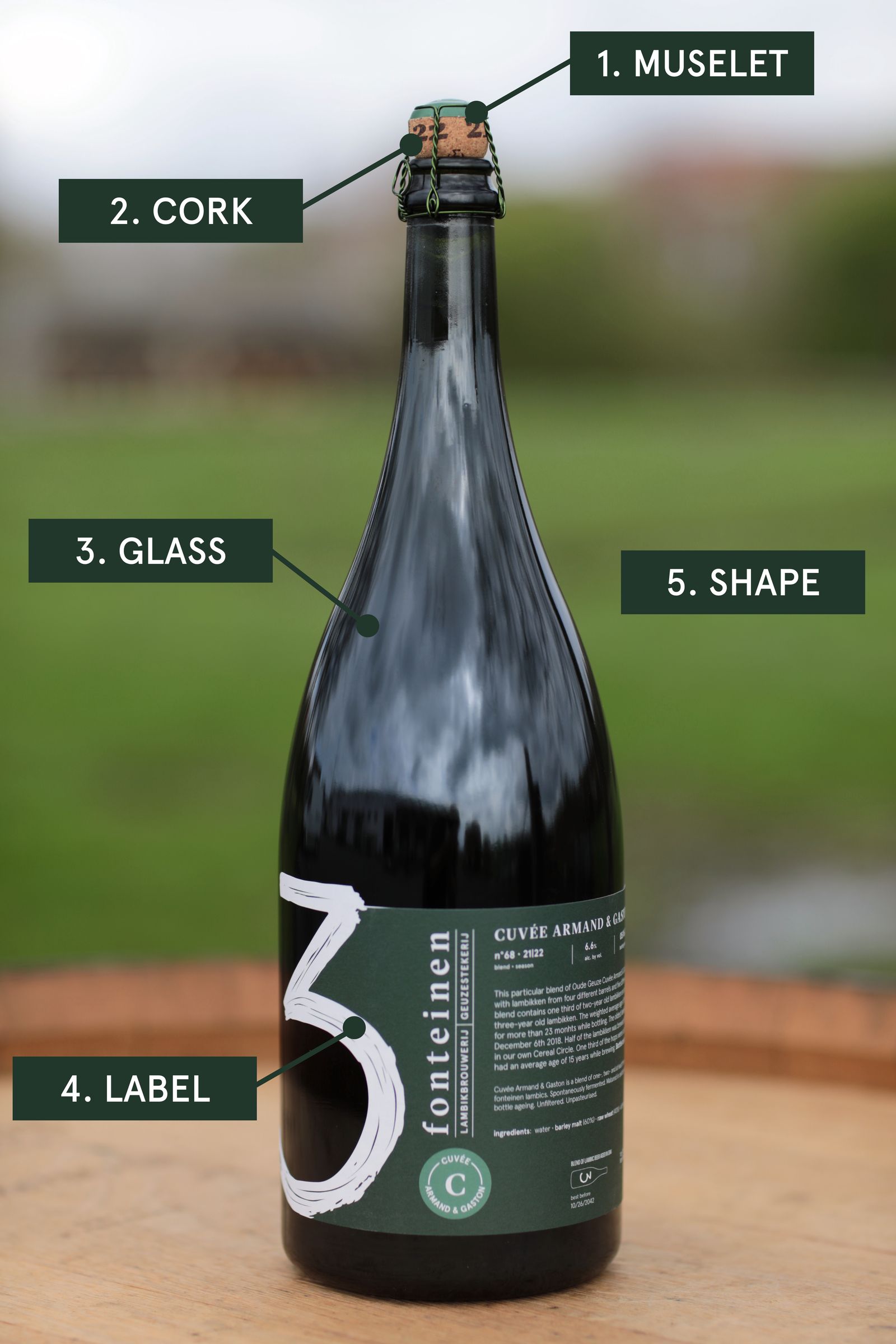 The characteristics of a 3 Fonteinen bottle.